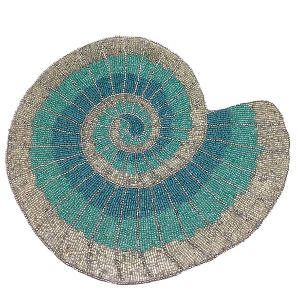 x4 Coastal Collection Beaded Abalone Shell Placemat Set Ocean Blue Silver Beach - Picture 3 of 9